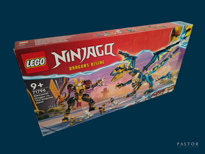 une boîte de figurines Lego Ninja sur fond bleu
