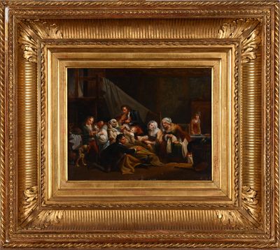 une peinture représentant un groupe de personnes assises autour d'une table