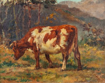 tableau représentant une vache brune et blanche paissant dans un champ