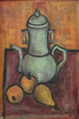 une peinture à l'huile représentant une théière et des poires posées sur une table
