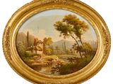 peinture représentant un paysage avec une petite maison et une rivière
