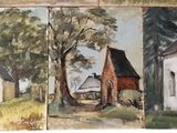four paintings of a church and a church steeple on a hill