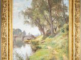 a painting of a river scene with a house and trees