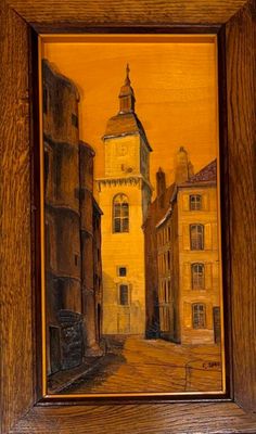 peinture représentant une scène de rue avec des bâtiments et une tour horloge