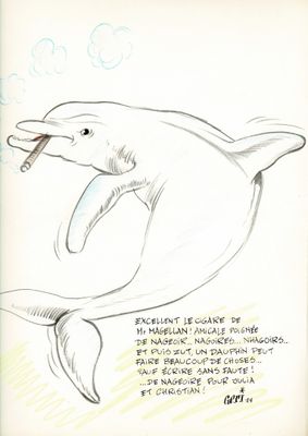dessin représentant un dauphin la bouche ouverte, sur lequel figure une citation