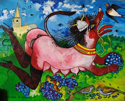 un tableau représentant un cheval avec un oiseau sur le dos