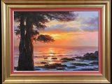 un tableau représentant un coucher de soleil sur l'océan, avec un arbre au premier plan