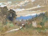 un tableau représentant une scène de ferme avec des vaches qui paissent