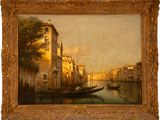 tableau représentant une gondole sur un canal, avec des bâtiments en arrière-plan