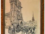dessin représentant un groupe de personnes marchant devant une église