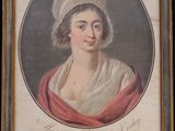 a painting of a woman in a white hat and red shawl