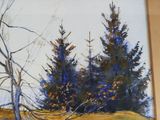 a picture of a painting of some trees in a field