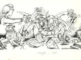 dessin représentant un groupe de personnes assises autour d'une table sur laquelle se trouvent des papiers