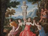 an image of a painting of a group of people dancing around a statue