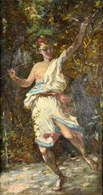 une peinture à l'huile représentant un homme tenant une épée dans un environnement boisé