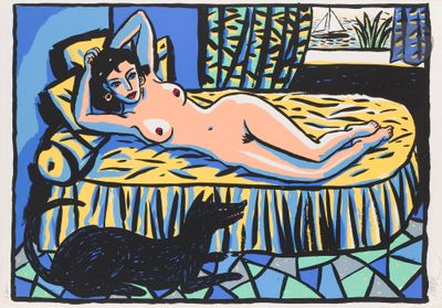 painting of a naked woman laying on a bed with a black cat