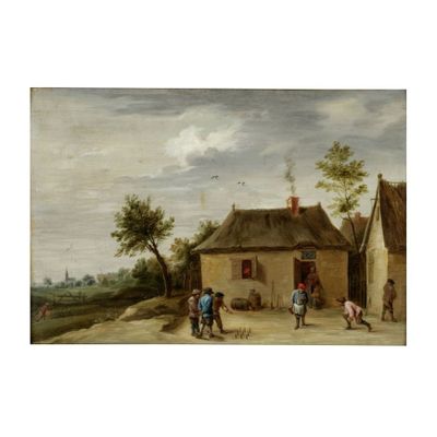 une image représentant un tableau d'un village avec des personnages et des animaux au premier plan