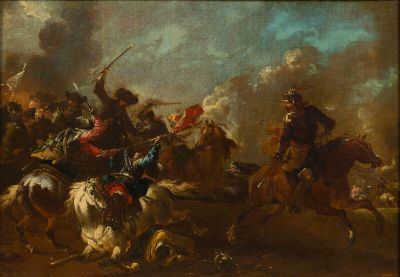 painting of a group of men riding horses in a field
