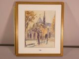 framed watercolor painting of a street scene with a bench in the foreground