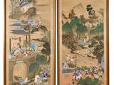 two asian paintings of people and animals in a landscape