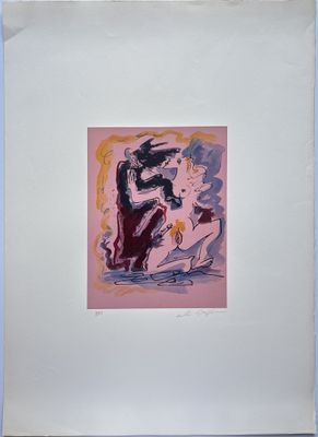 an image of a painting of a man and a woman on a horse