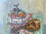 a painting of a guitar and a bowl of fruit on a table