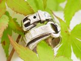 a silver ring sitting on top of a leaf covered branch