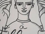 a black and white drawing of a man holding a pair of scissors