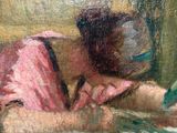 a painting of a woman writing on a piece of paper