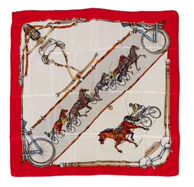 foulard en soie rouge représentant une calèche et un homme dans une calèche