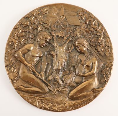 an image of a bronze plaque depicting three women in a garden