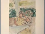 painting of a woman sitting on a ledge with a flower pot