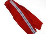 a close up of a pair of red pants with blue stripes
