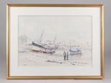 framed watercolor painting of boats on the beach in a harbor
