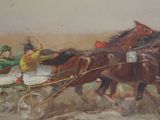 a painting of a horse drawn carriage being pulled by two horses