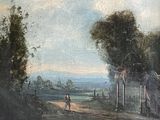 tableau représentant un homme marchant sur un chemin de terre au bord d'un plan d'eau