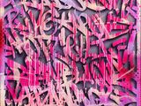 peinture représentant un graffiti sur un mur, dans un cadre rose et noir
