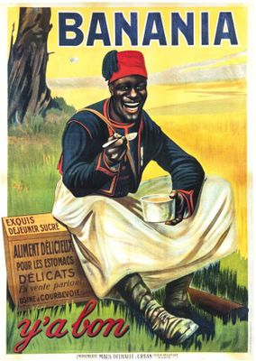 an old poster of a man sitting in the grass with a cup of coffee
