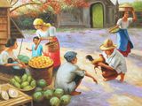 tableau représentant un groupe de personnes avec des paniers de fruits dans une cour