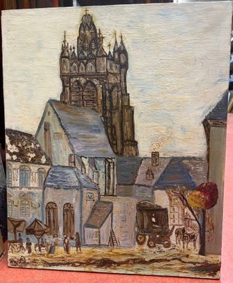a painting of a building with a horse drawn carriage in front of it