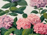 a painting of a potted plant with pink and purple flowers