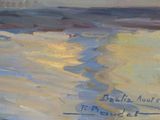 an oil painting of a beach scene with a quote written on the sand