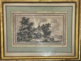 an old picture of a farm scene with a house in the background