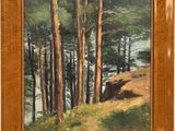 an oil painting of a forest scene with a river in the background