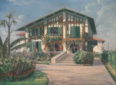 a painting of a house with a lot of flowers in front of it
