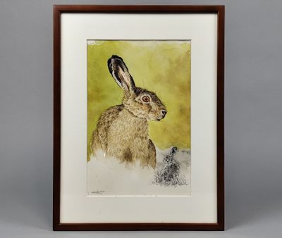 un tableau représentant un lapin brun assis devant un fond jaune