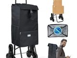an image of a man walking with a shopping cart and other items
