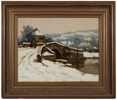 un tableau représentant un paysage enneigé avec un pont enjambant une rivière