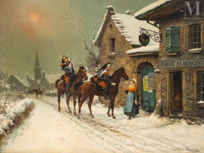 a painting of people riding horses down a snowy street