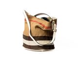 beige and black checkered bucket bag on white background with white strap